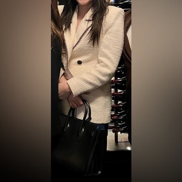 Zara Women's Ivory Tweed Blazer with Black Trim - Picture 5 of 5